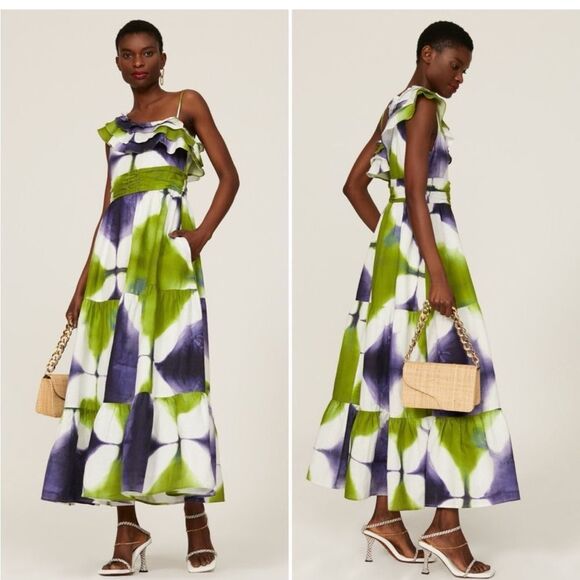Busayo One Shoulder Ruffle Tie Dye Maxi Purple White and Green Dress - 4 - Picture 1 of 12